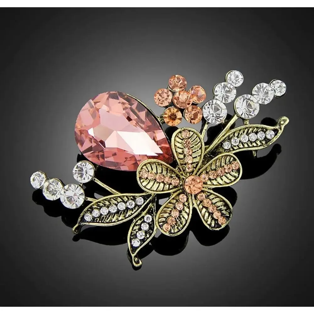 Vintage Style Retro Floral‎ Brooch Pin Peach Clear Rhinestones